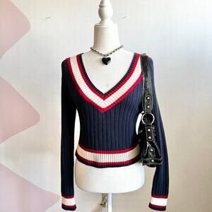 Forever 21 Navy and Red V-Neck Ribbed Blouse